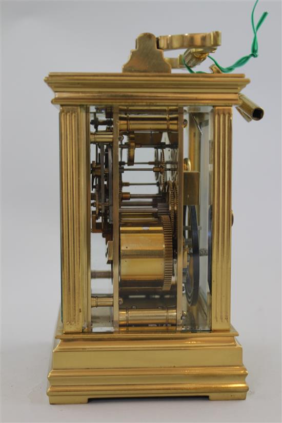 A late 19th century French hour repeating gilt brass carriage clock, 6.25in.